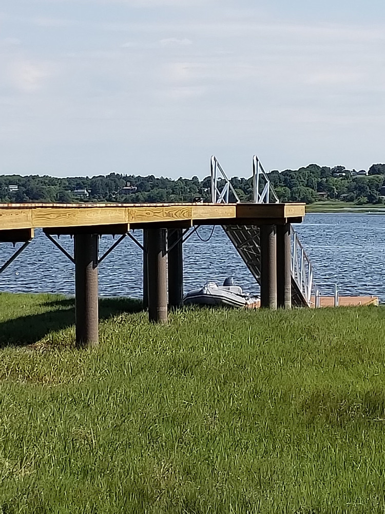Wood Pier with fiberglass pilings built by Ramsey Marine in Ipswich, MA
