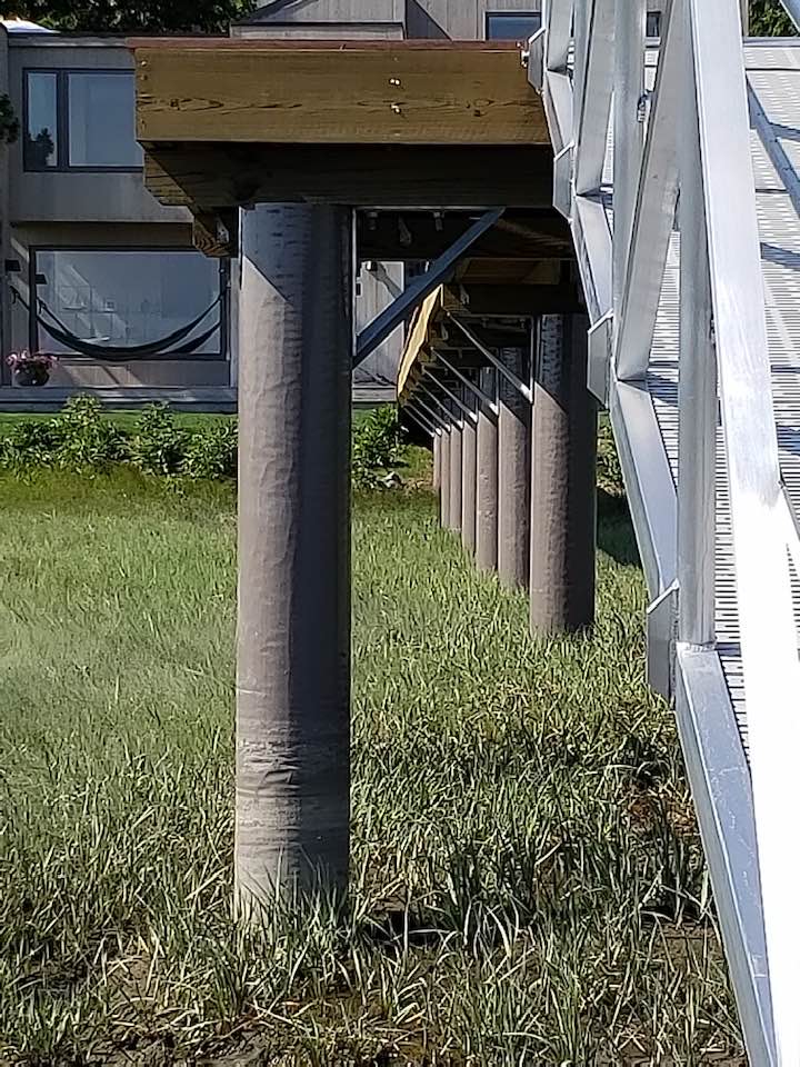 Wood Pier with fiberglass pilings built by Ramsey Marine in Ipswich, MA