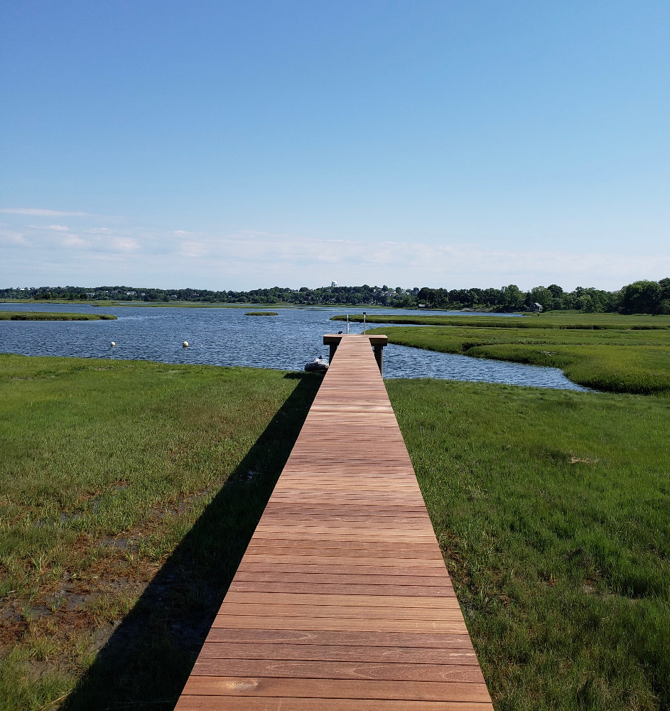 Wood Pier with fiberglass pilings built by Ramsey Marine in Ipswich, MA